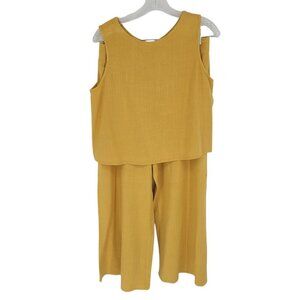 Anrabess Medium yellow 2 piece sleeveless tank crop linen blend capris wide leg